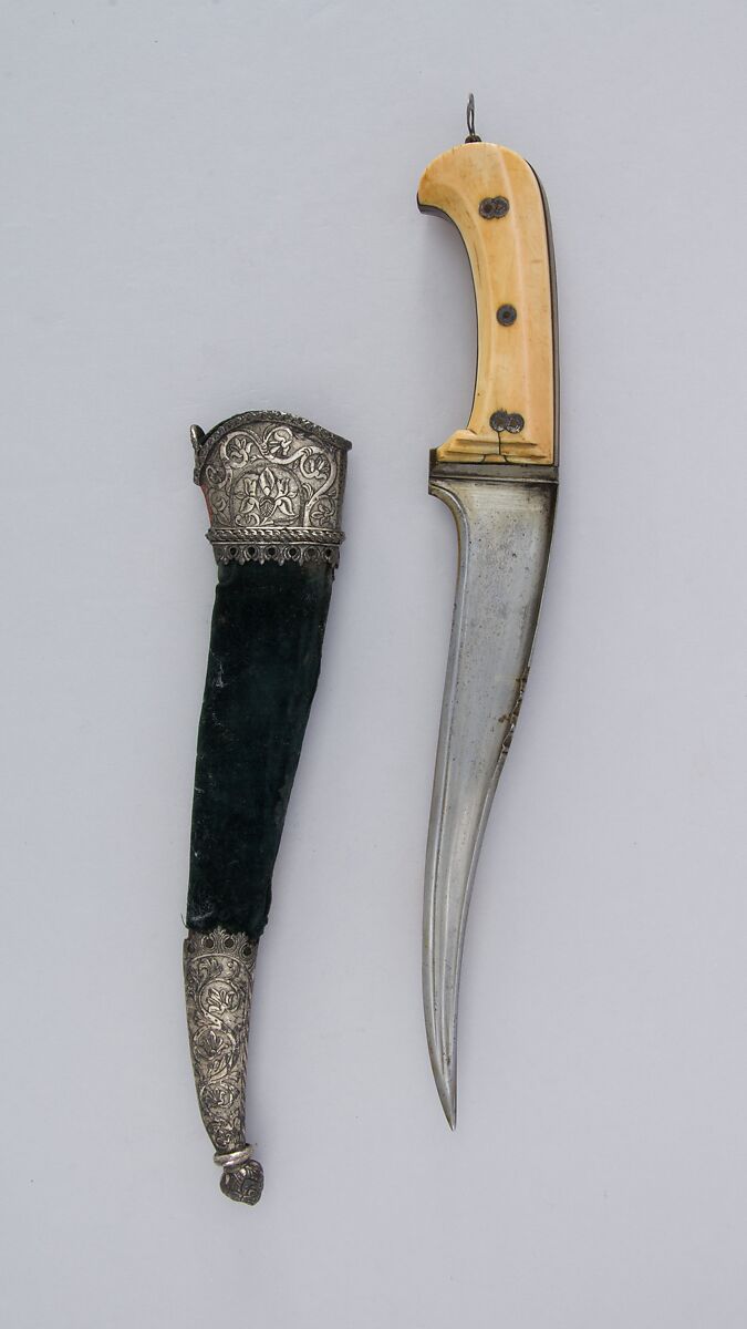 Dagger (Pesh-kabz) with Sheath, Steel, silver, ivory, brass, gold, velvet, wood, Afghan 