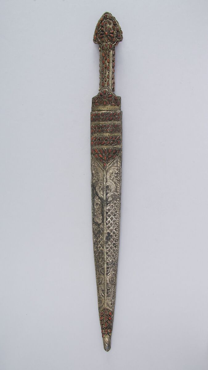 Dagger (Qama) with Sheath, Steel, silver, coral, Transcaucasian, probably Georgia