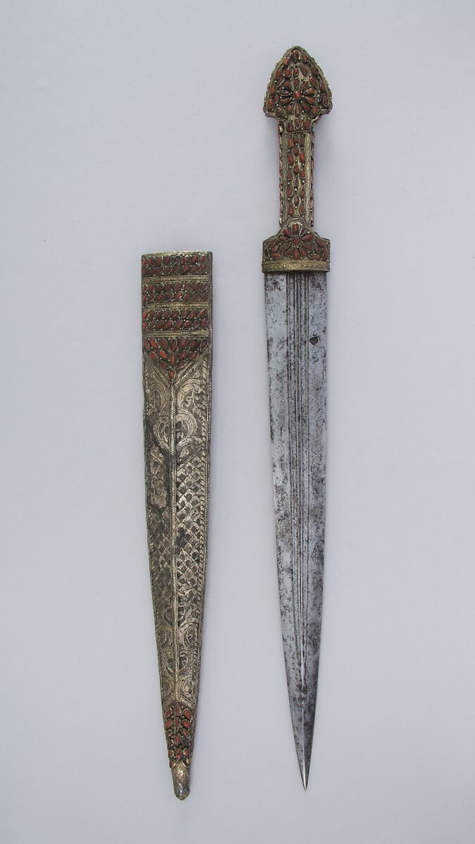 Dagger (Qama) with Sheath, Steel, silver, coral, Transcaucasian, probably Georgia 