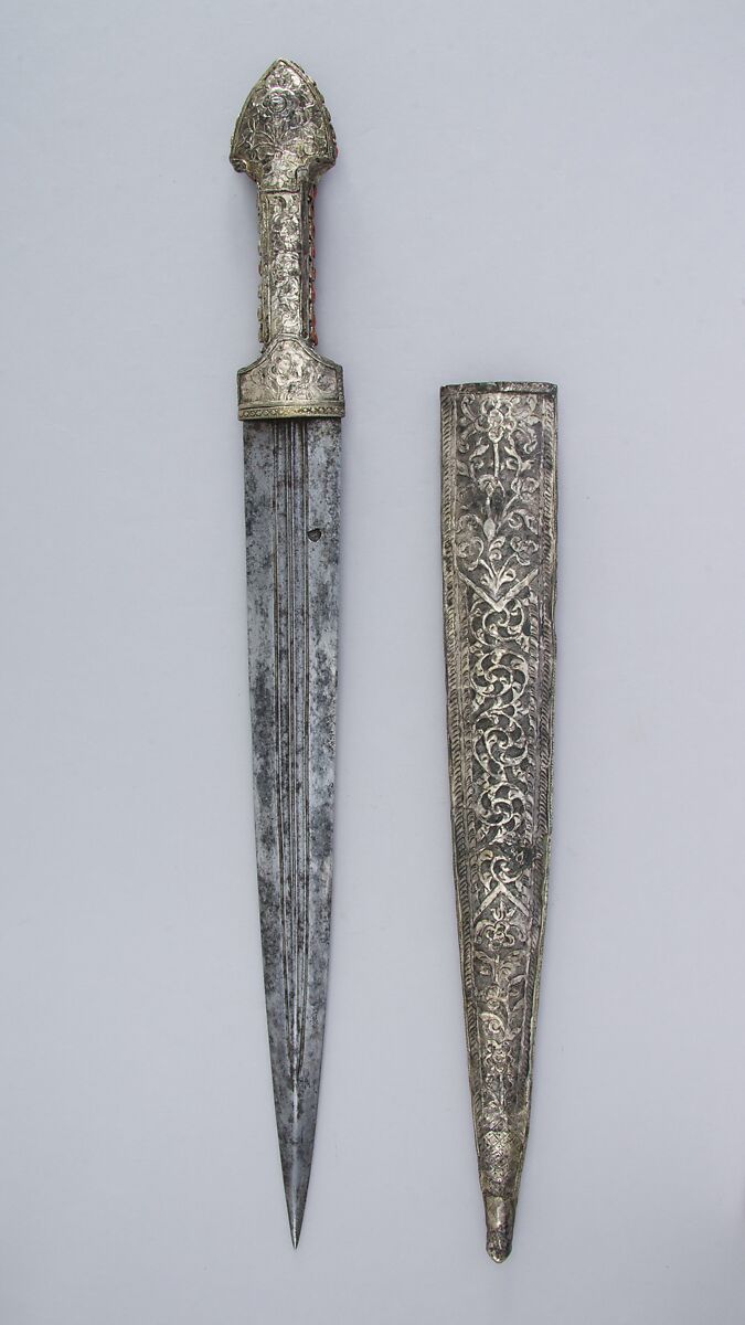 Dagger (Qama) with Sheath, Steel, silver, coral, Transcaucasian, probably Georgia