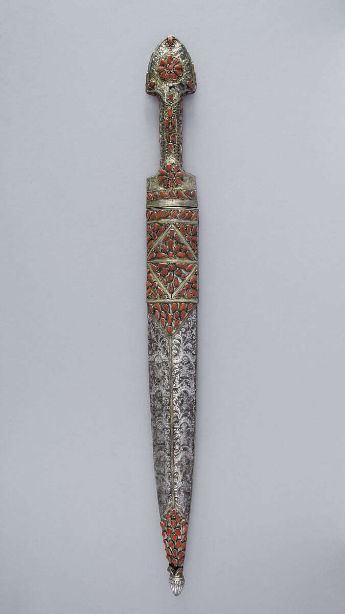 Dagger (Qama) with sheath, Steel, silver, coral, gold, Transcaucasian, Georgian
