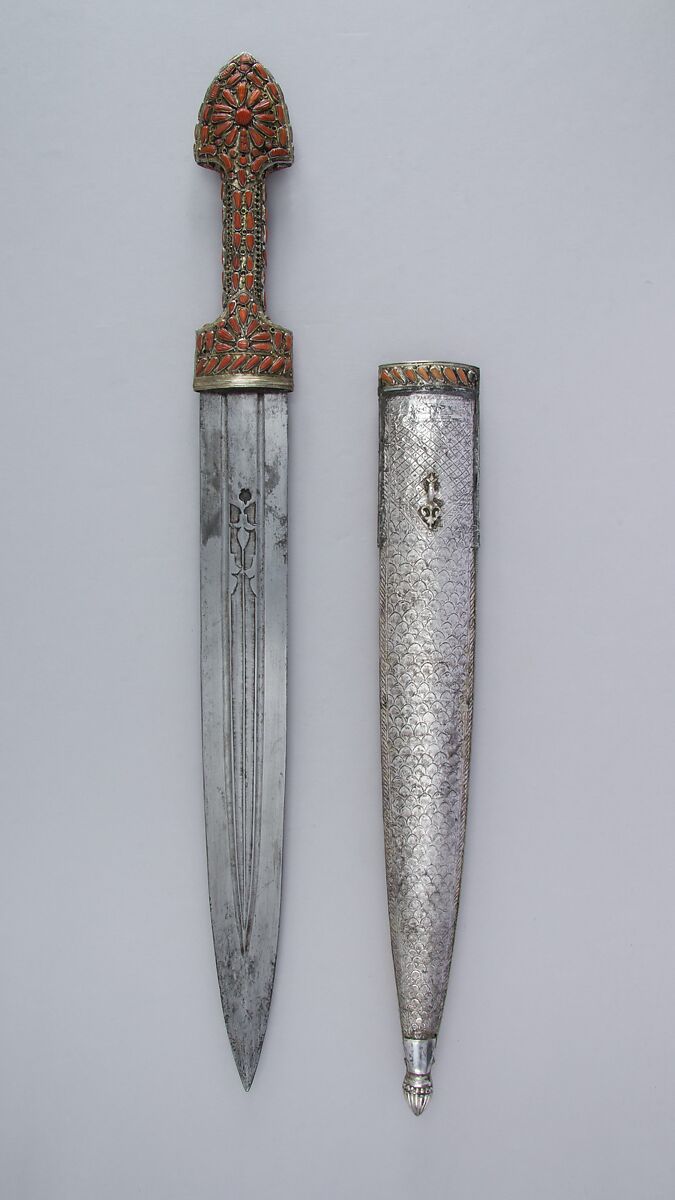 Dagger (Qama) with sheath, Steel, silver, coral, gold, Transcaucasian, Georgian 