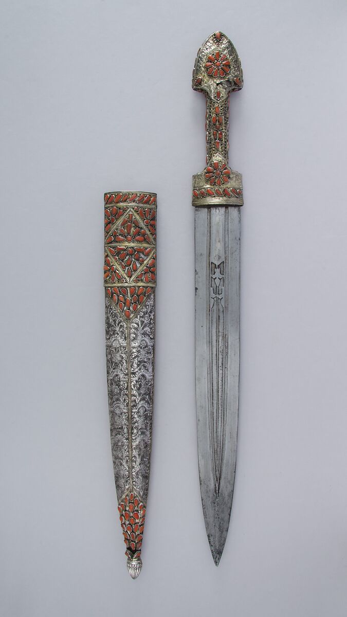 Dagger (Qama) with sheath, Steel, silver, coral, gold, Transcaucasian, Georgian