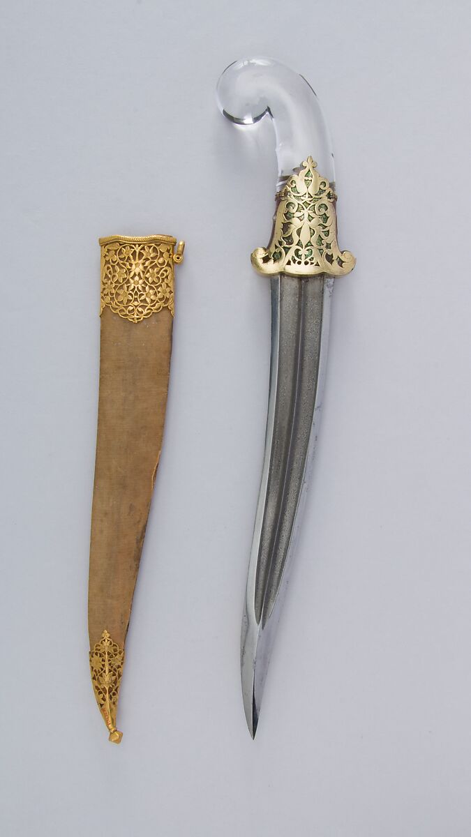 Dagger (Khanjar) with Sheath, Steel, rock crystal, gold, silver, velvet, wood, Indian 