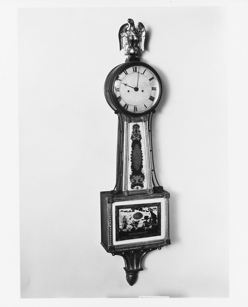 Banjo Clock, Possibly Aaron Willard Jr. (1783–1864), Mahogany, gilt gesso, eglomise tablets, white pine, tulip
 poplar, American 
