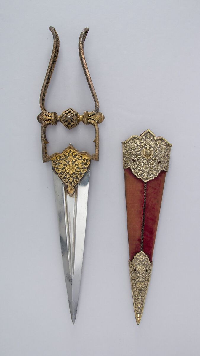 Dagger (Katar) with Sheath, Steel, silver, gold, velvet, Indian