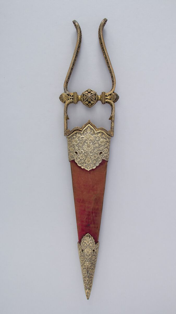 Dagger (Katar) with Sheath, Steel, silver, gold, velvet, Indian