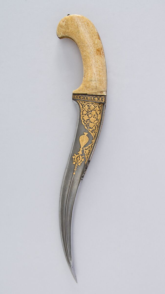 Dagger (Pesh-kabz), Steel, gold, ivory (walrus), Iranian 