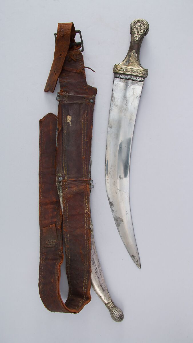 Dagger (Jambiya) with Sheath and Belt, Steel, silver, wood, leather, iron, Arabian