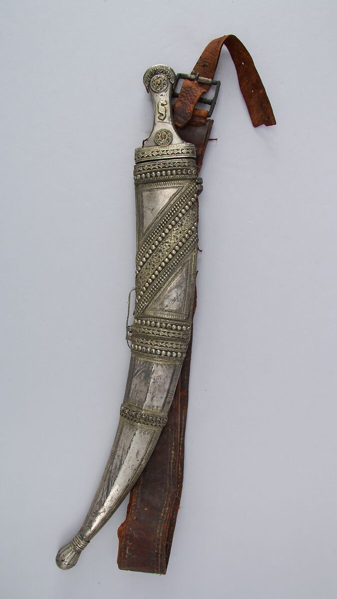 Dagger (Jambiya) with Sheath and Belt, Steel, silver, wood, leather, iron, Arabian