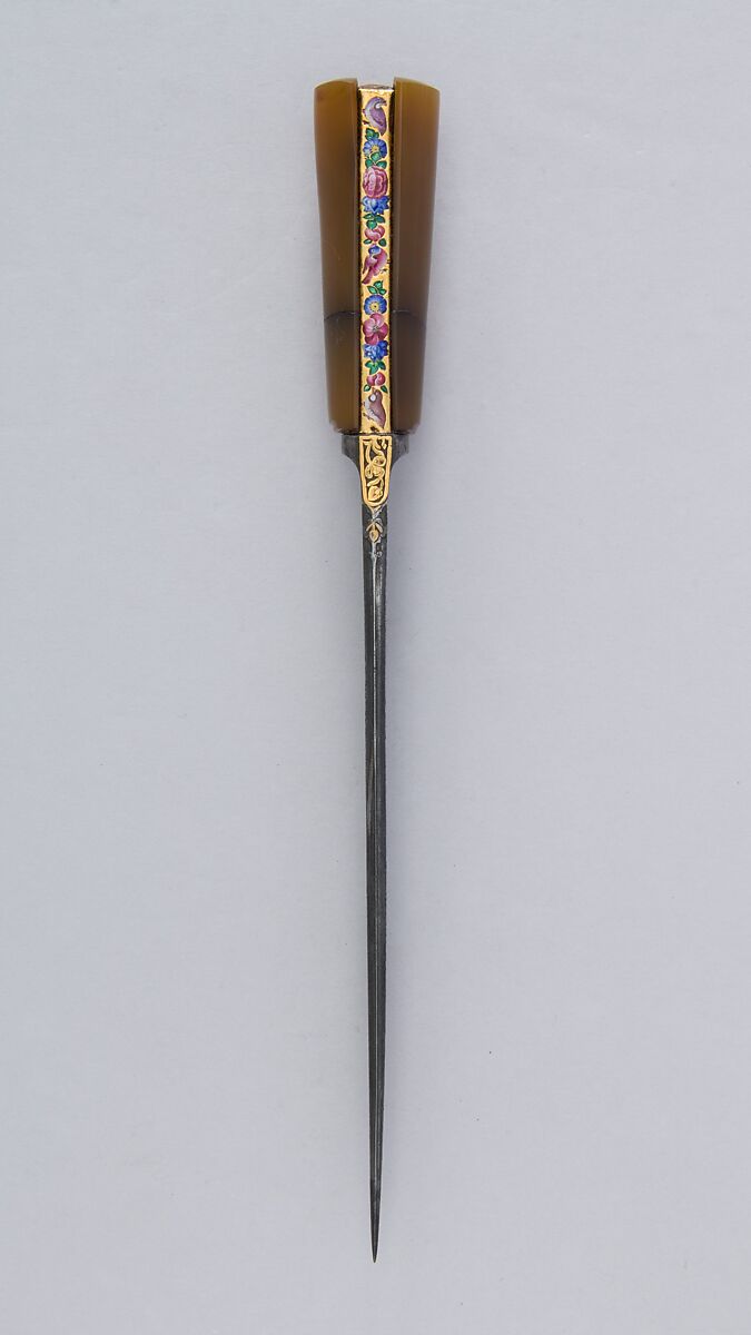 Knife (Kard), Steel, gold, enamel, agate, Persian, Qajar