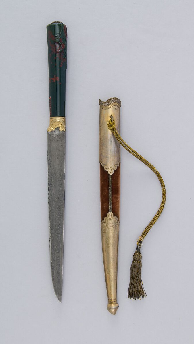 Knife (Kard) with Sheath, Steel, gold, silver, bloodstone, diamond, wood, velvet, Turkish 