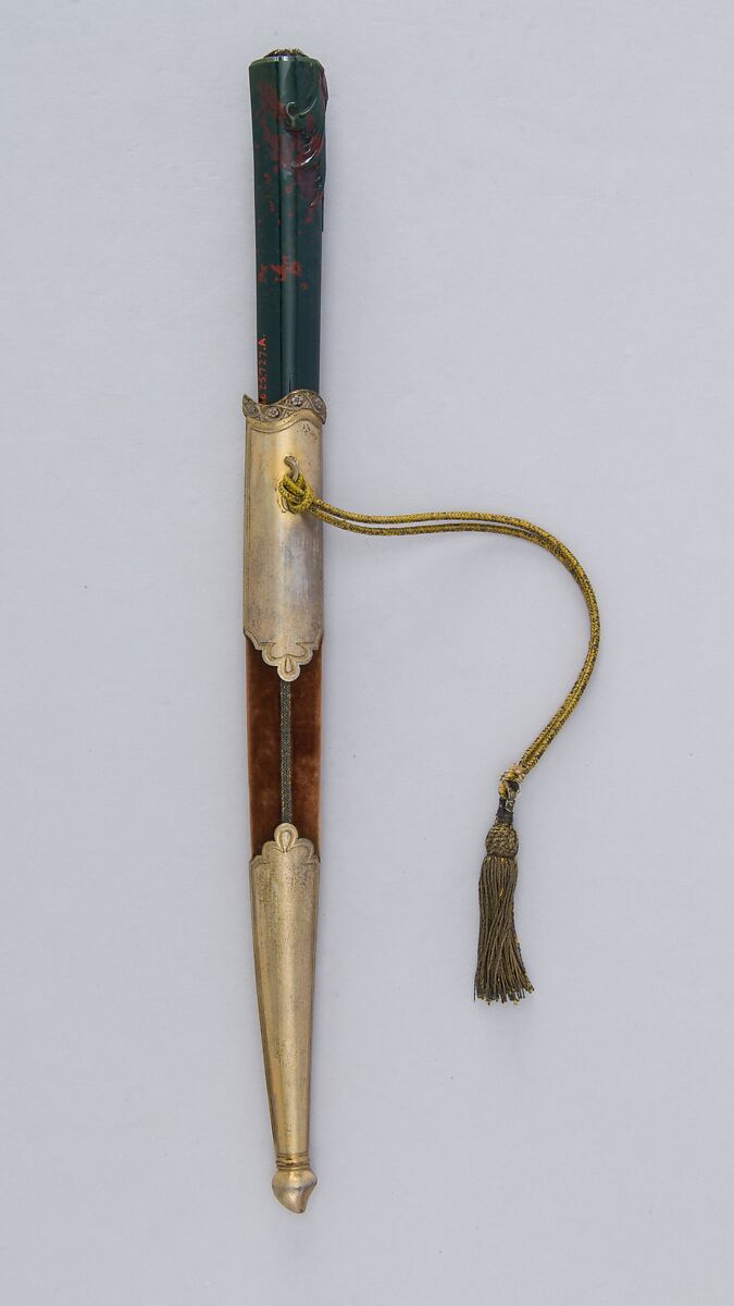 Knife (Kard) with Sheath, Steel, gold, silver, bloodstone, diamond, wood, velvet, Turkish