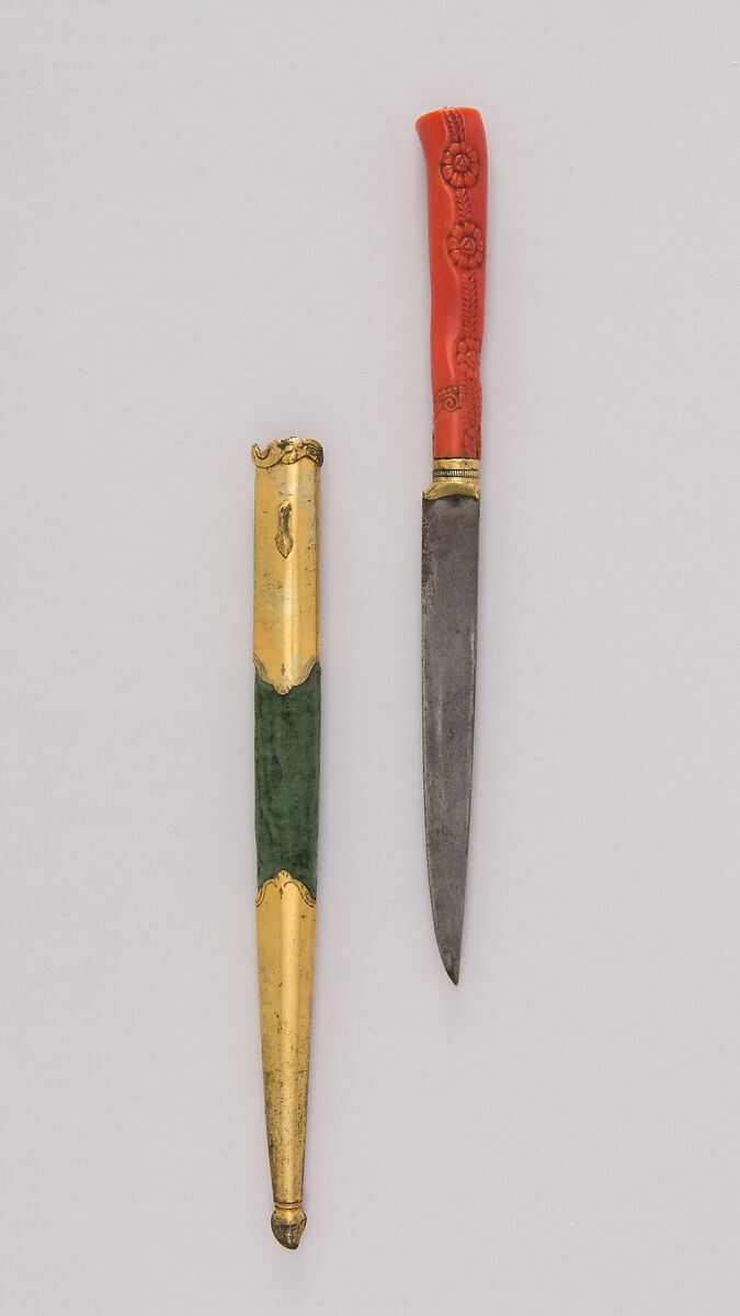 Knife (Kard) with Sheath, Steel, brass, wood, velvet, coral, gold, crystal, Turkish 