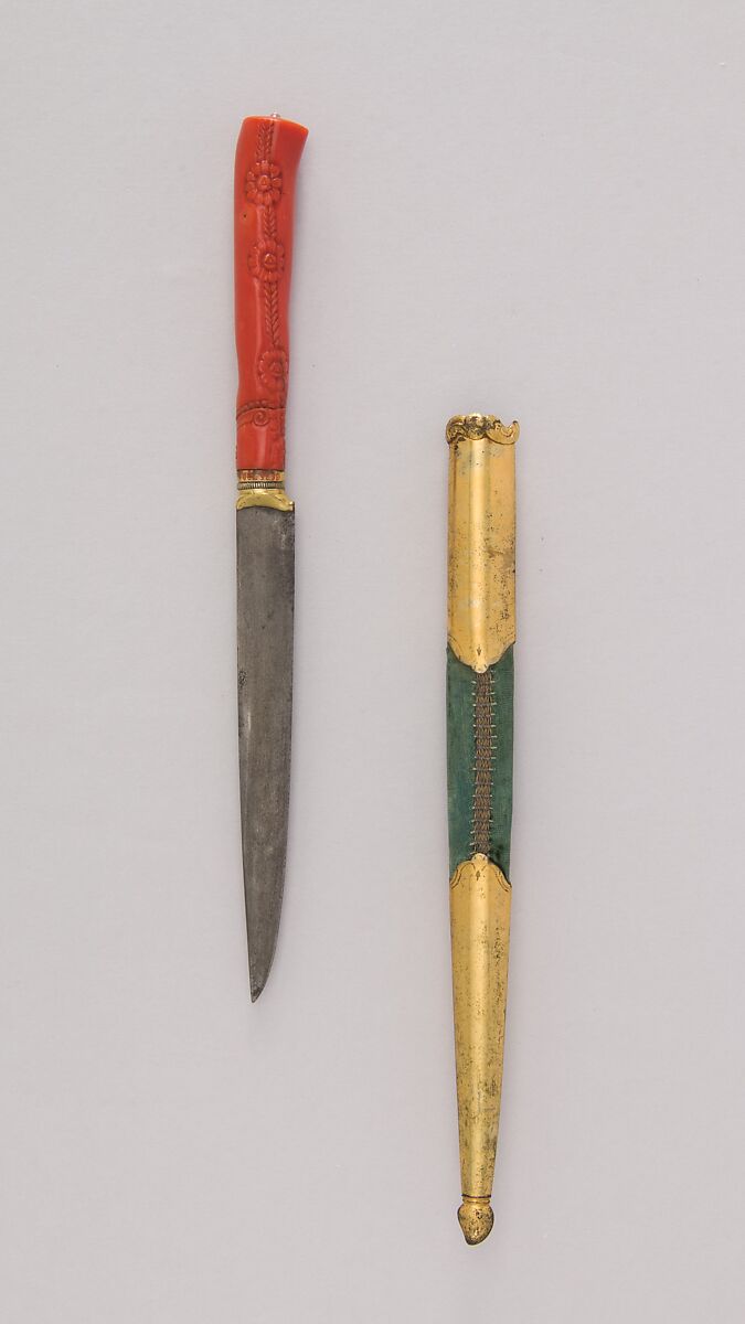Knife (Kard) with Sheath, Steel, brass, wood, velvet, coral, gold, crystal, Turkish