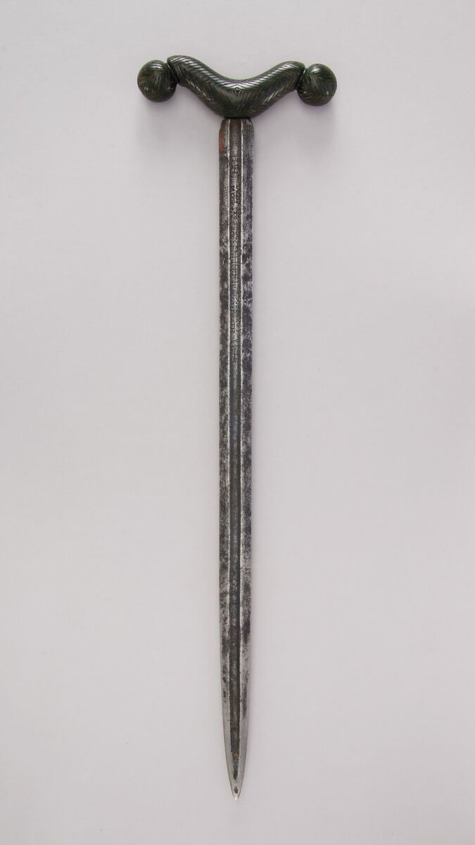 Crutch Dagger (Zafar Takieh, "Cushion of Victory"), Jade, steel, Indian, Mughal; blade, European 