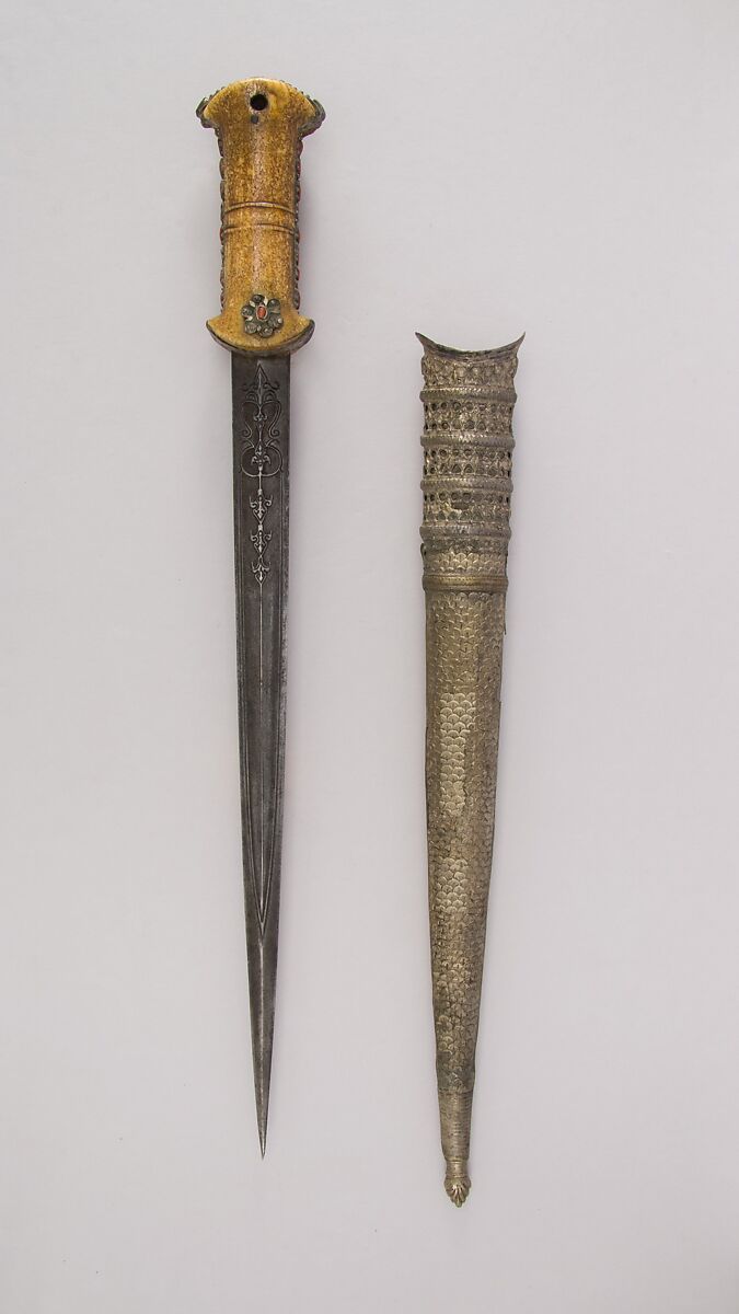 Dagger with Sheath, Steel, ivory, silver, coral, turquoise, Turkish; blade, Italian