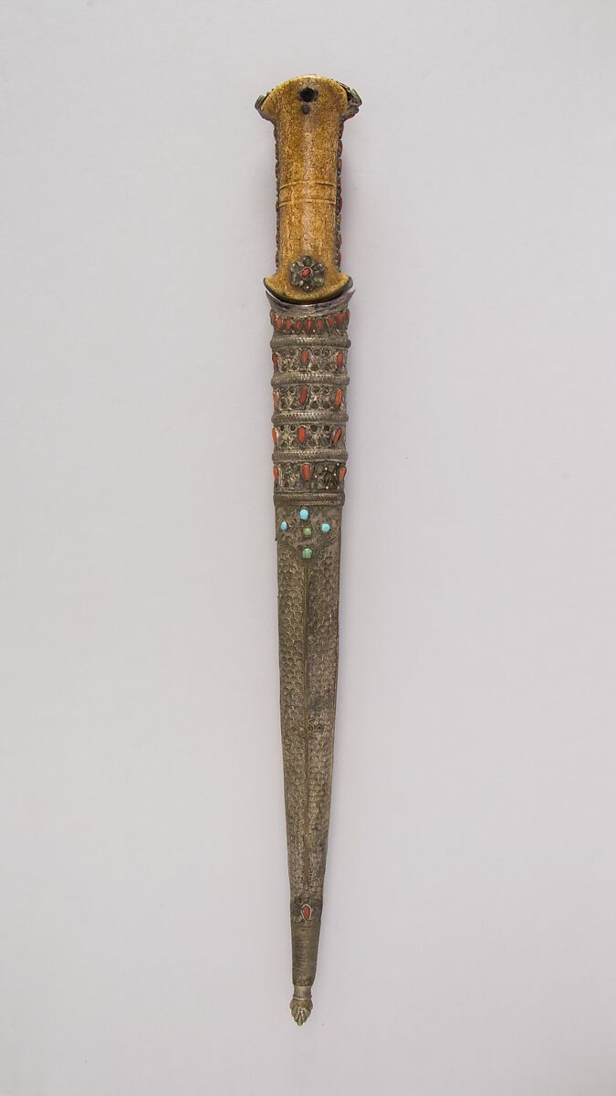 Dagger with Sheath, Steel, ivory, silver, coral, turquoise, Turkish; blade, Italian