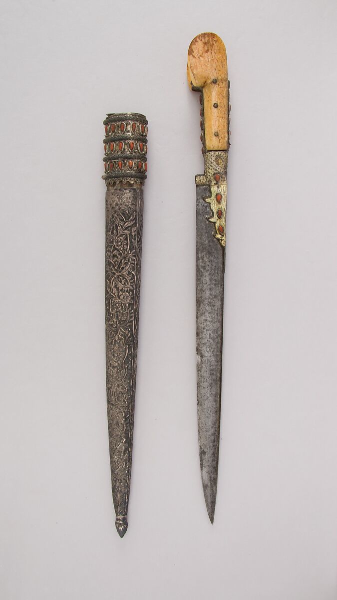 Dagger with Sheath, Steel, silver, ivory, coral, wood, Turkish, Ottoman 