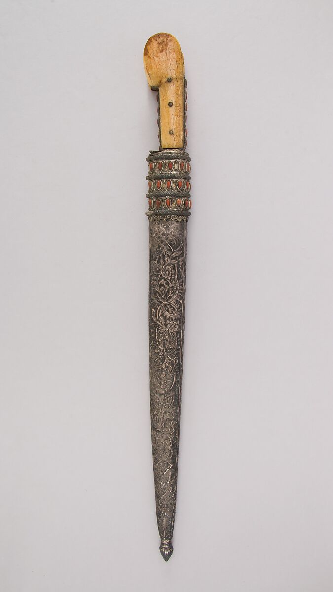 Dagger with Sheath, Steel, silver, ivory, coral, wood, Turkish, Ottoman