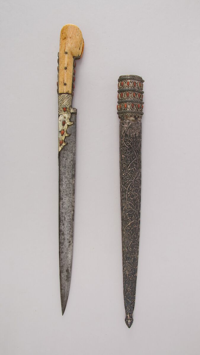 Dagger with Sheath, Steel, silver, ivory, coral, wood, Turkish, Ottoman