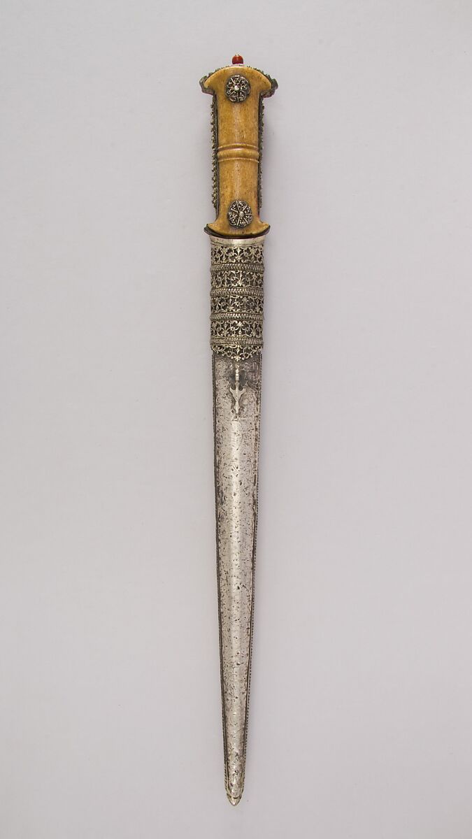Dagger with Sheath, Steel, ivory, silver, wood, possibly coral, Turkish, Ottoman