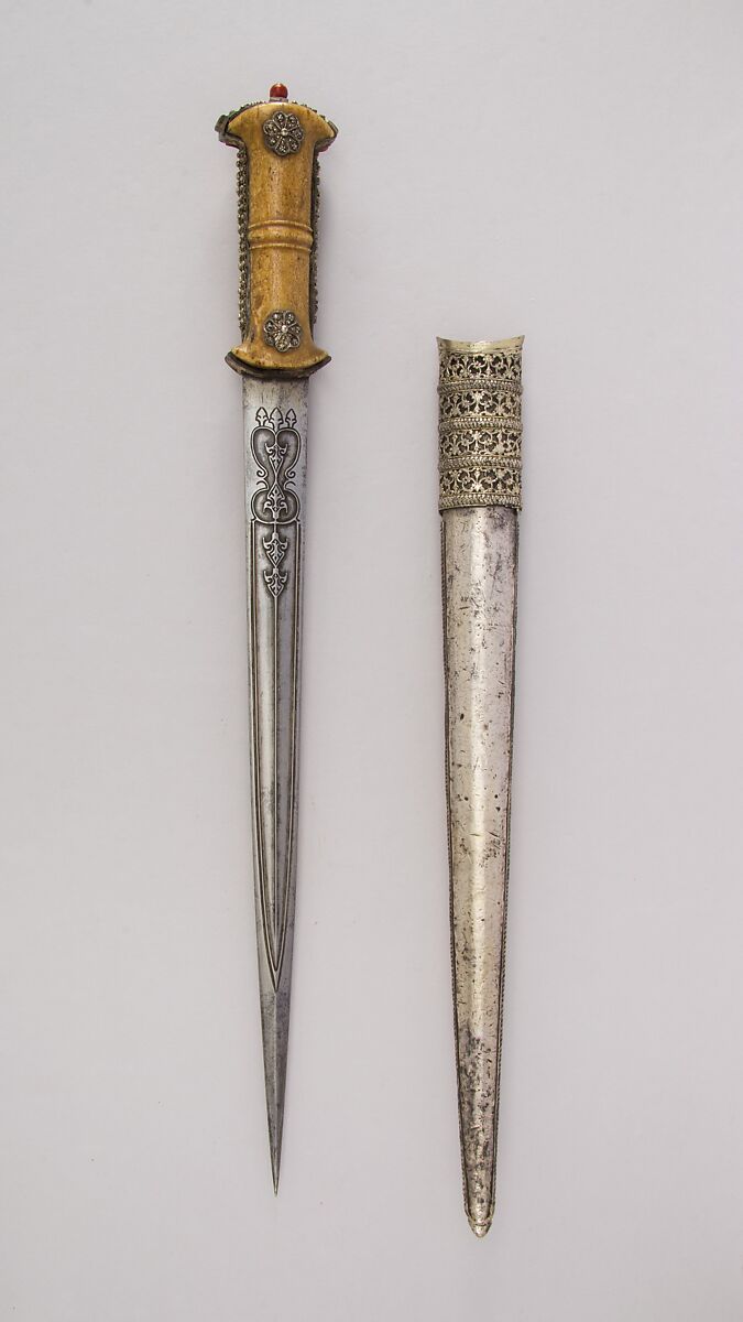 Dagger with Sheath, Steel, ivory, silver, wood, possibly coral, Turkish, Ottoman