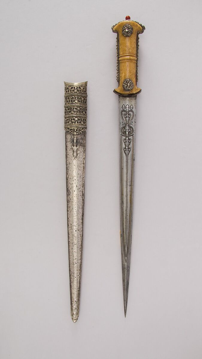 Dagger with Sheath, Steel, ivory, silver, wood, possibly coral, Turkish, Ottoman 