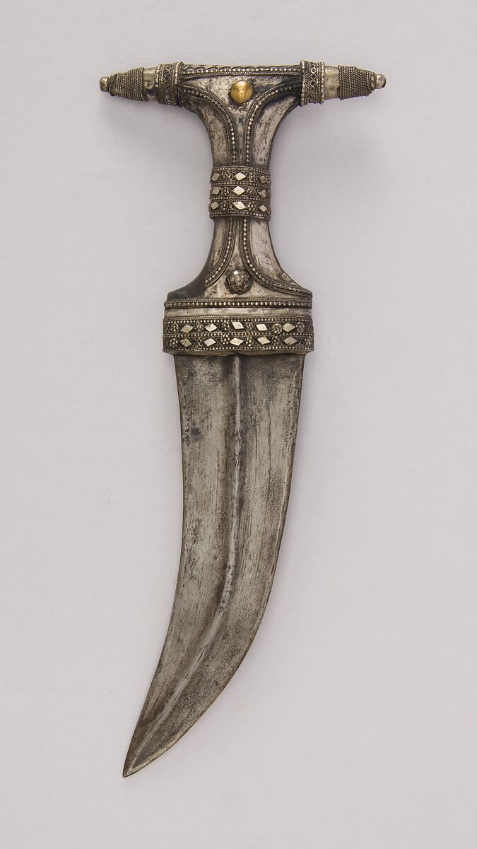 Dagger (Jambiya), Steel, wood, silver, copper, brass, Arabian 