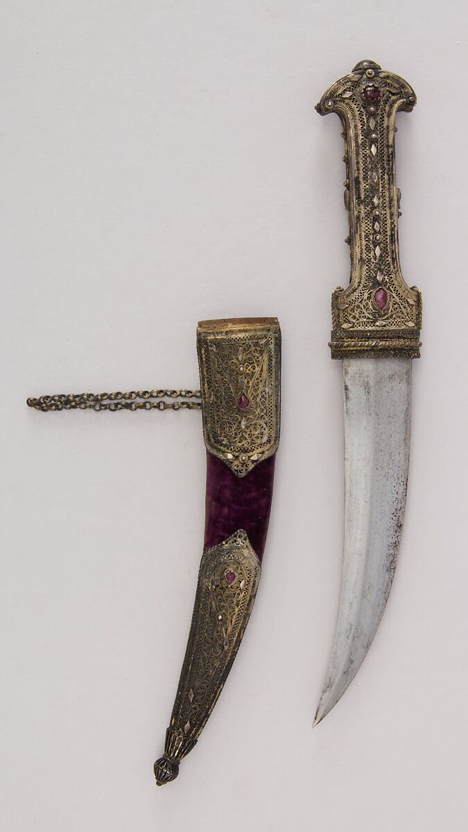 Dagger (Jambiya) with Sheath, Steel, silver, stone, Maltese