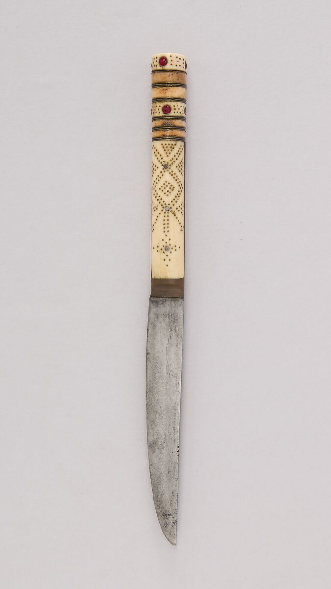 Knife, Steel, copper alloy, bone, tooth (elephant), brass, wax, ivory, ruby, North African (Berber) 