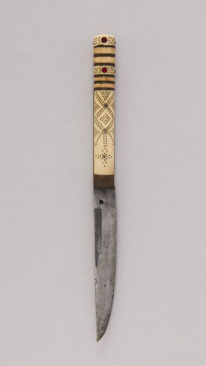Knife, Steel, copper alloy, bone, tooth (elephant), brass, wax, ivory, ruby, North African (Berber)