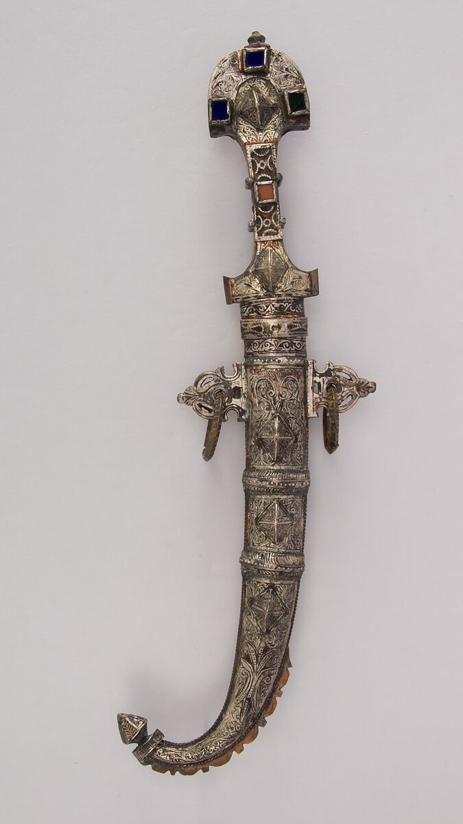 Dagger (Jambiya) with Sheath, Steel, silver, glass, Moroccan