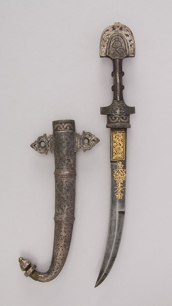 Dagger (Jambiya) with Sheath, Steel, wood, silver, brass, gold, niello, Moroccan