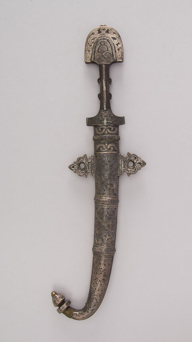 Dagger (Jambiya) with Sheath, Steel, wood, silver, brass, gold, niello, Moroccan
