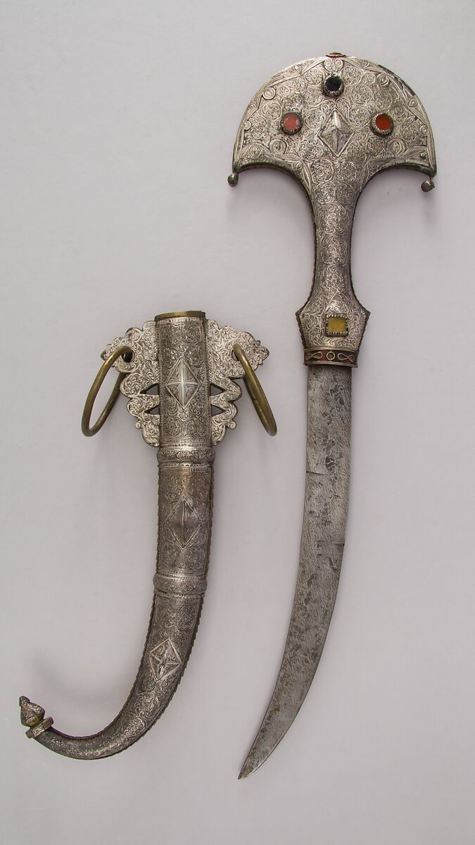 Dagger (Jambiya) with Sheath, Steel, wood, silver, brass, South Moroccan