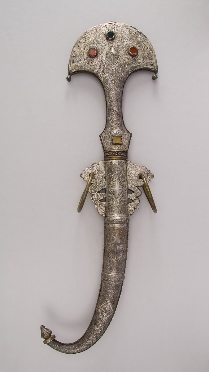 Dagger (Jambiya) with Sheath, Steel, wood, silver, brass, South Moroccan