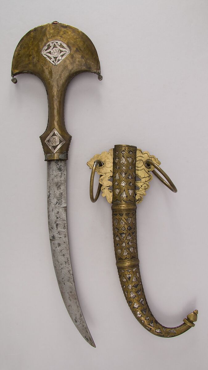 Dagger (Jambiya) with Sheath, Steel, wood, silver, brass, South Moroccan 