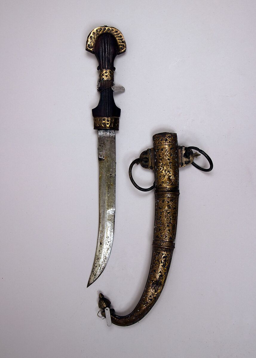 Dagger (Jambiya) with Sheath, Steel, wood, silver, brass, Moroccan 