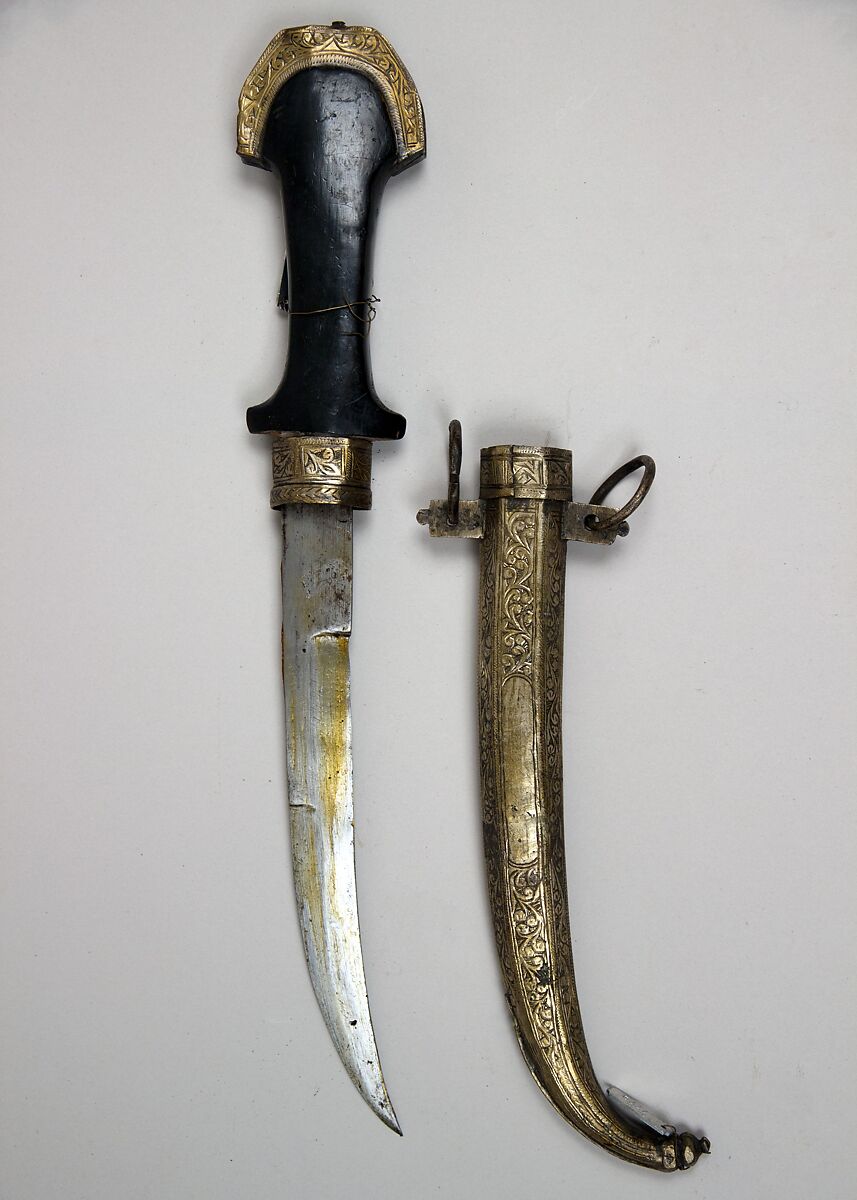 Dagger (Jambiya) with Sheath, Steel, wood, silver, brass, Moroccan 