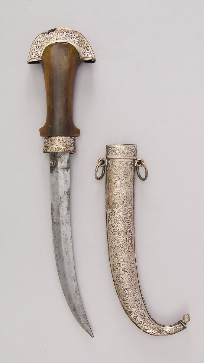 Dagger (Jambiya) and Sheath, Steel, wood, silver, horn (rhinoceros), Moroccan 