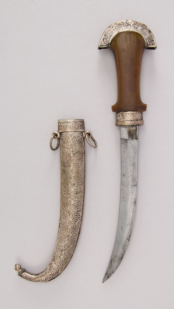 Dagger (Jambiya) and Sheath, Steel, wood, silver, horn (rhinoceros), Moroccan