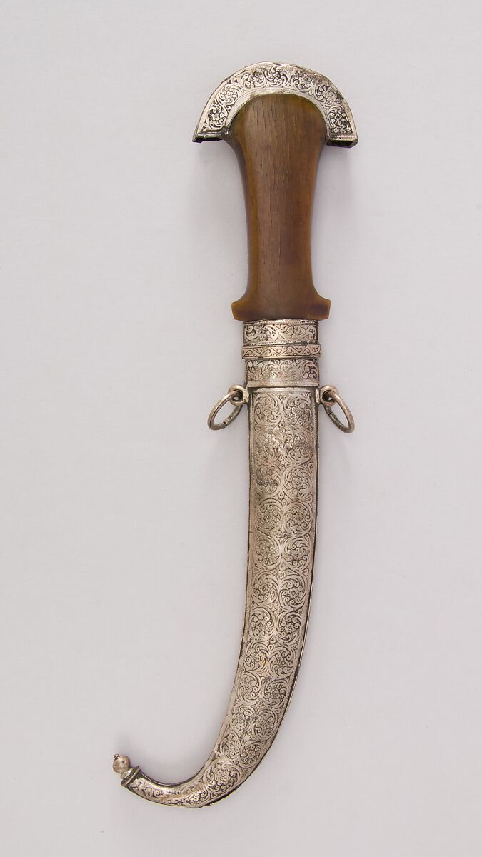 Dagger (Jambiya) and Sheath, Steel, wood, silver, horn (rhinoceros), Moroccan