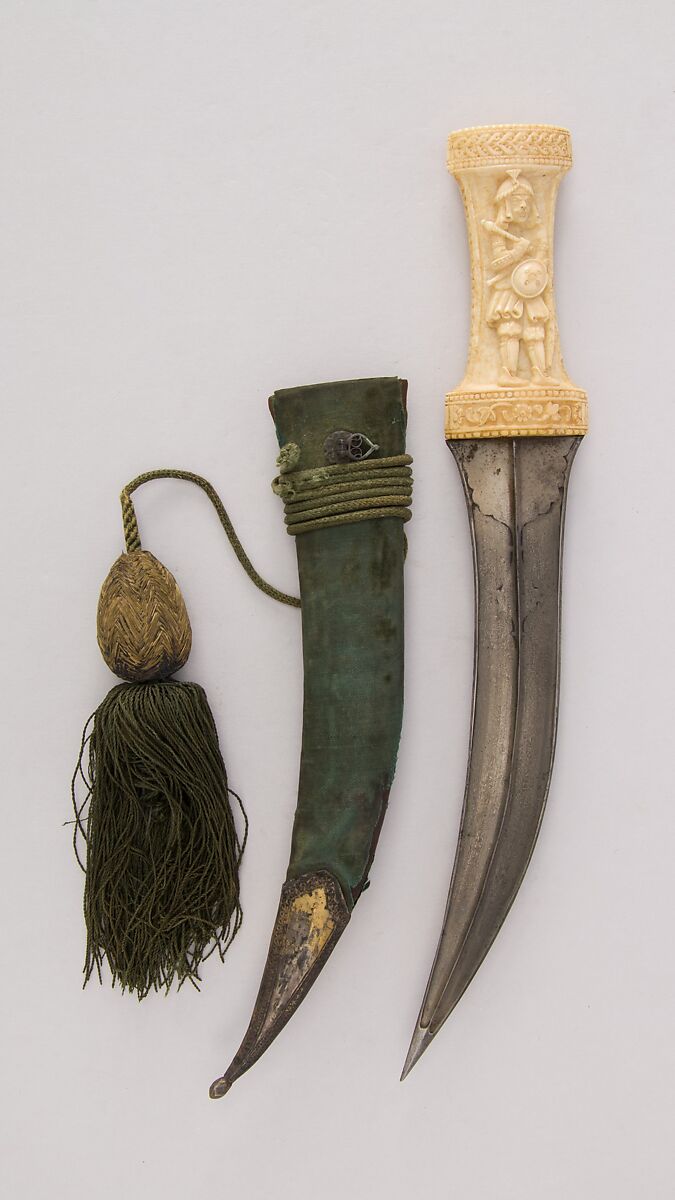 Dagger (Jambiya) with Sheath and Cord, Steel, ivory (elephant), wood, velvet, silver, silk, Persian, Qajar