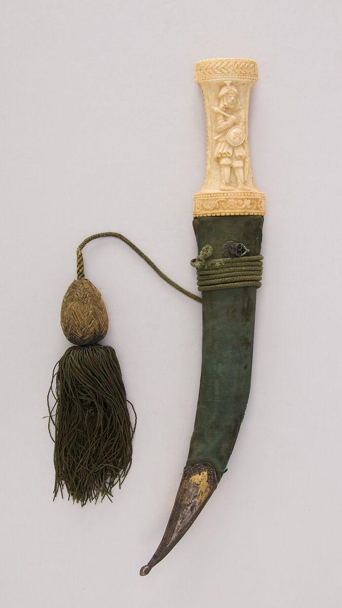 Dagger (Jambiya) with Sheath and Cord, Steel, ivory (elephant), wood, velvet, silver, silk, Persian, Qajar