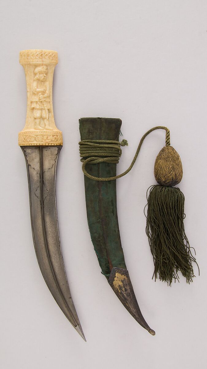 Dagger (Jambiya) with Sheath and Cord, Steel, ivory (elephant), wood, velvet, silver, silk, Persian, Qajar 