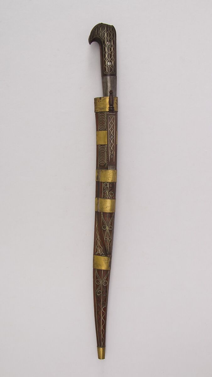 Knife with Sheath and Small Knife, Steel, wood, silver wire, brass, Algerian, Kabyle