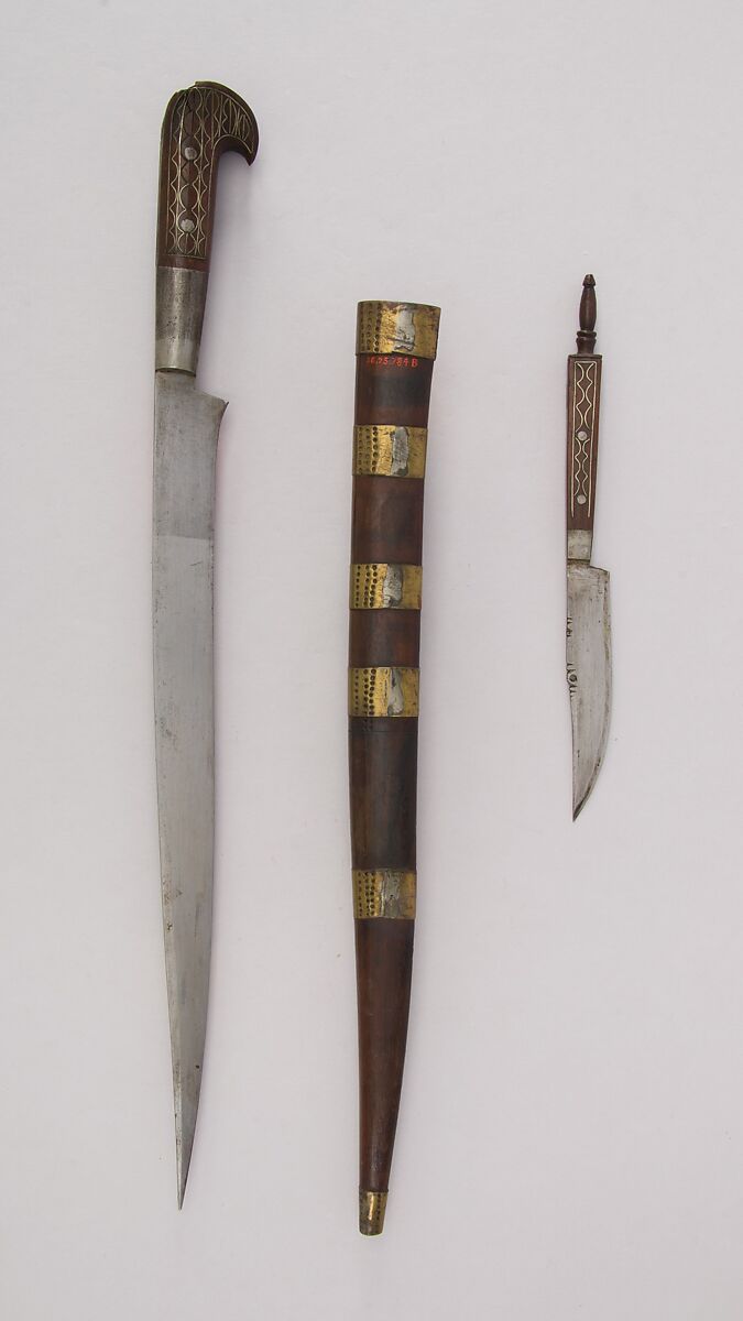 Knife with Sheath and Small Knife, Steel, wood, silver wire, brass, Algerian, Kabyle