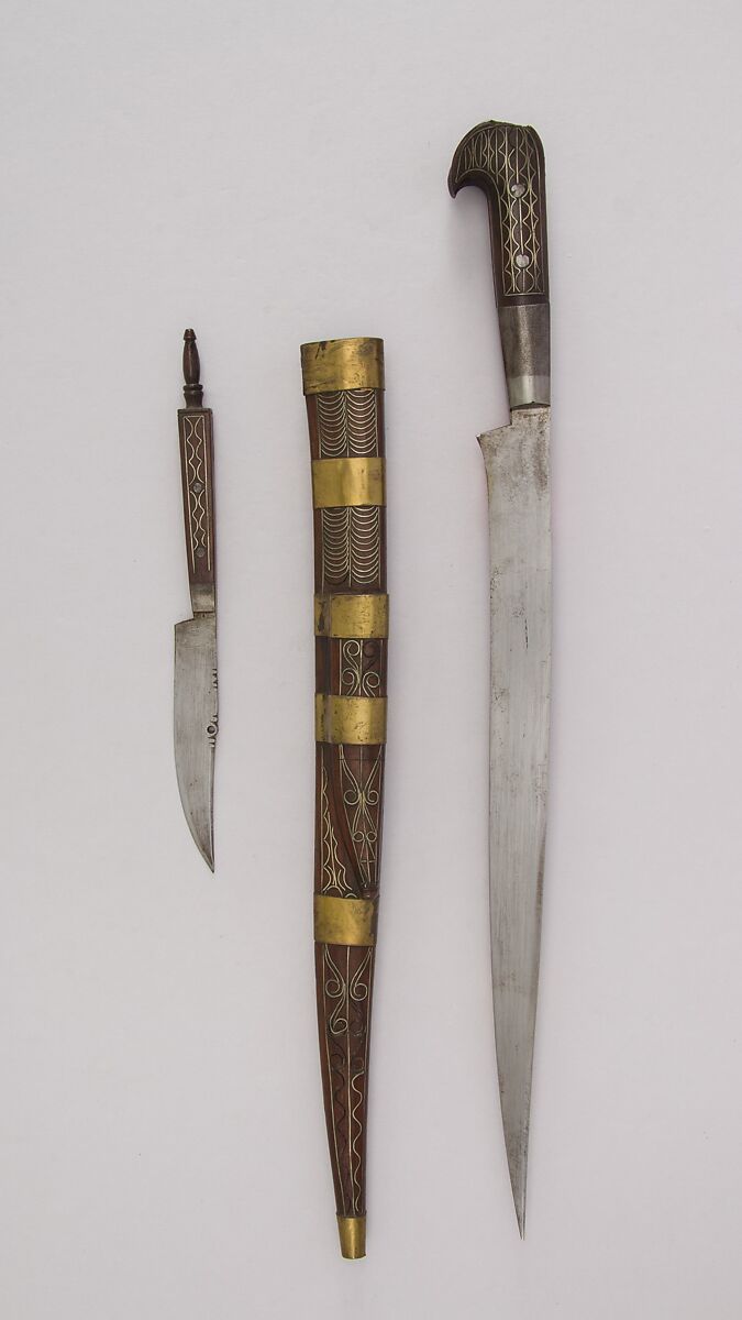 Knife with Sheath and Small Knife, Steel, wood, silver wire, brass, Algerian, Kabyle 