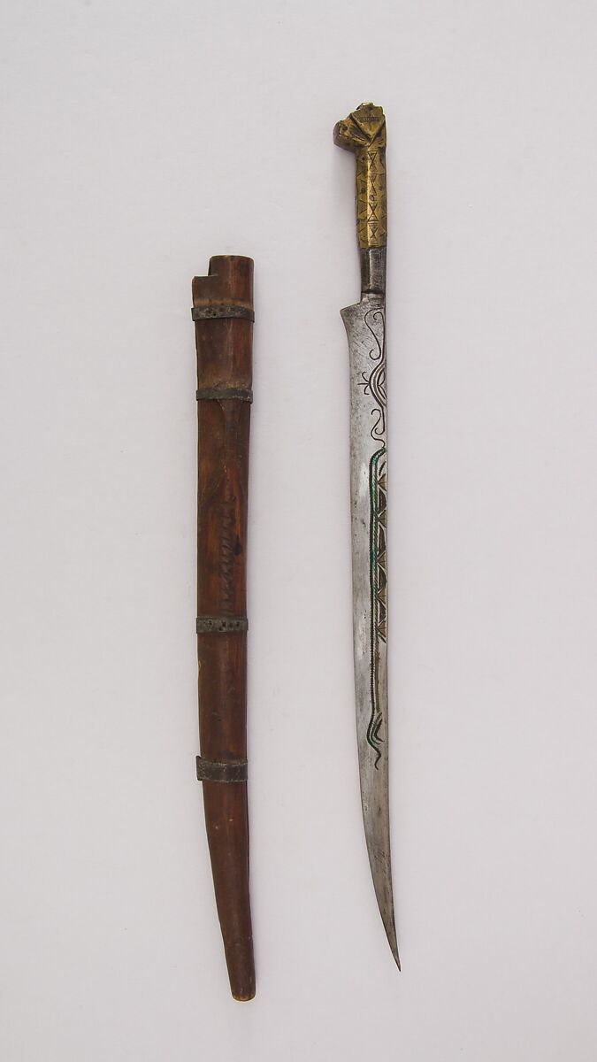 Knife (Flyssa) with sheath, Steel, wood, iron, brass, Algerian, Kabyle 